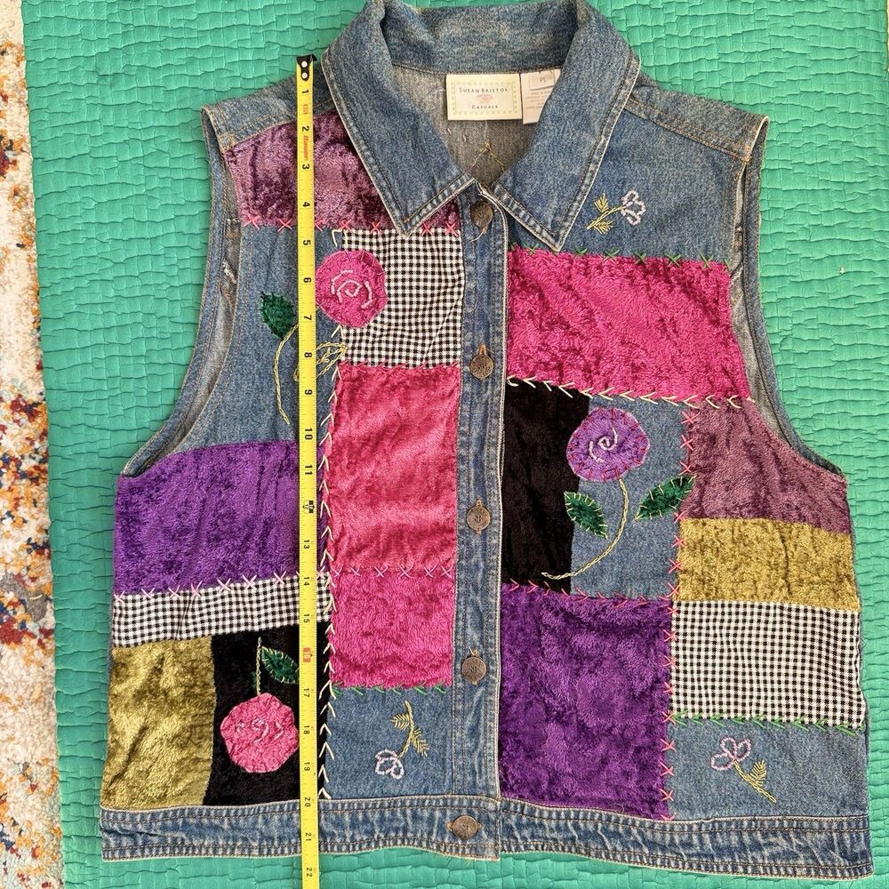 Susan Bristol P L Floral Hand Embroidered Patchwork Denim Vest Y2K 90s Vintage - Picture 4 of 16